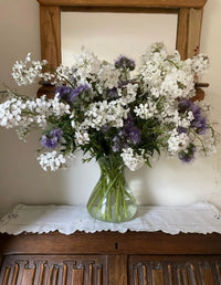 A glass vase filled with Bishy Barnabees Cottage Garden Hesperis White (Sweet Rocket) sits on a wooden table with a white lace cloth, while a wooden-framed mirror hangs on the wall behind it.