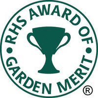 Green and white circular logo with a trophy center, reading RHS Award of Garden Merit®, awarded to hardy perennials such as Echinops ritro Veitch's Blue from Bishy Barnabees Cottage Garden.
