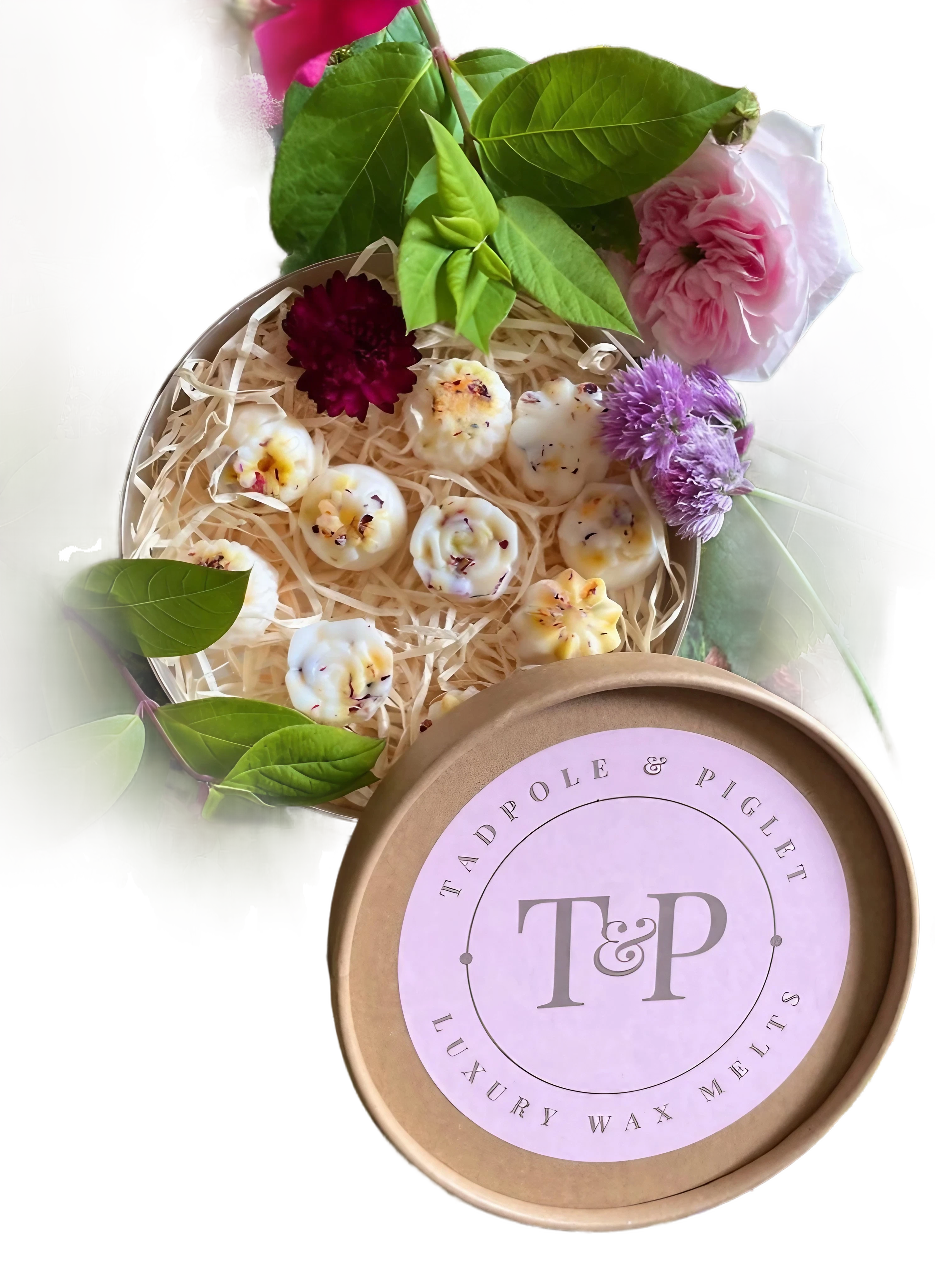 Cottage Garden Botanical Wax Melts in a pink box with a branded label
