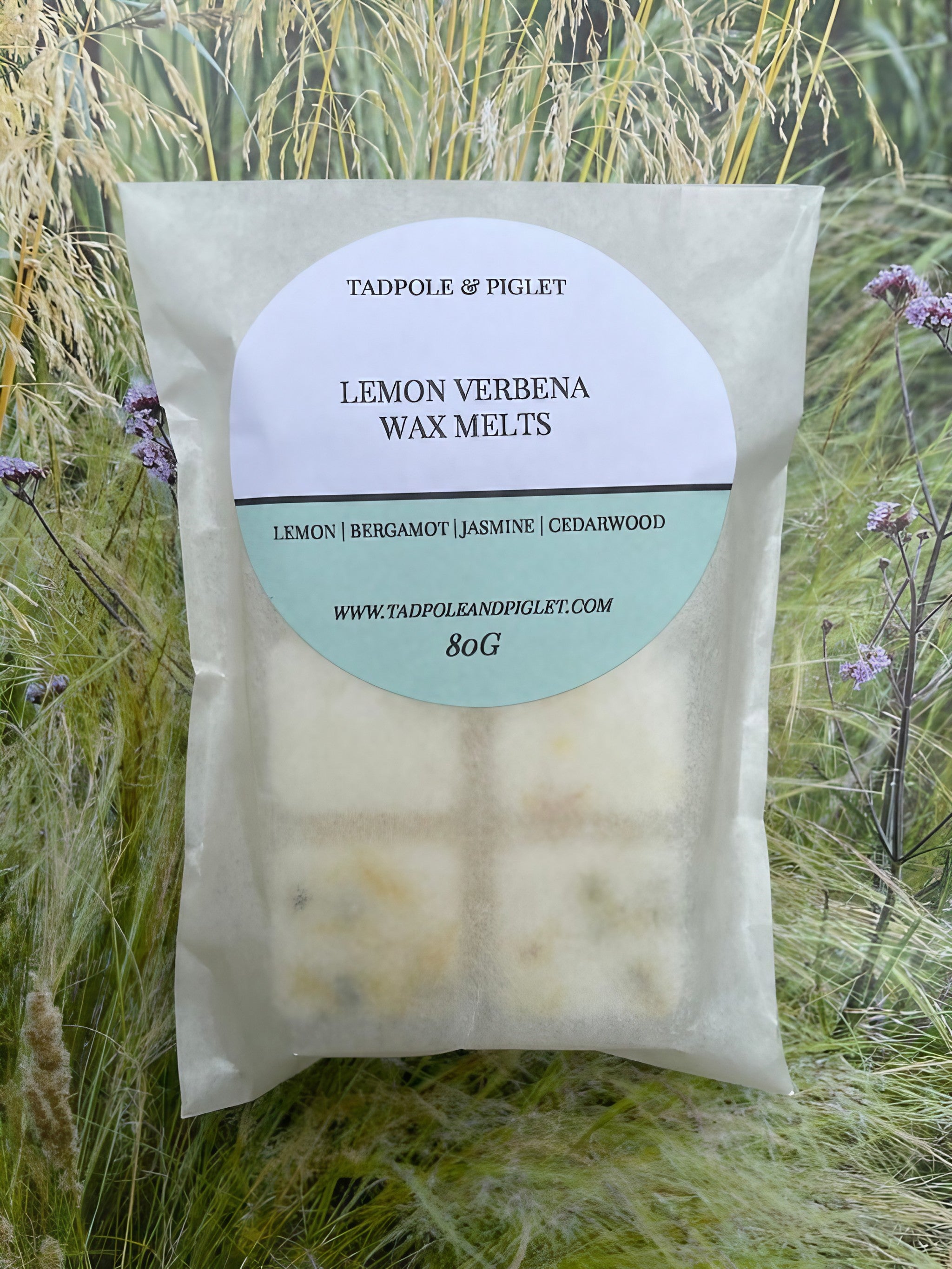 Lemon Verbena Wax Melt Bar packaging featuring fresh lemon, bergamot, jasmine, and cedarwood scents, 80g, by Tadpole & Piglet.