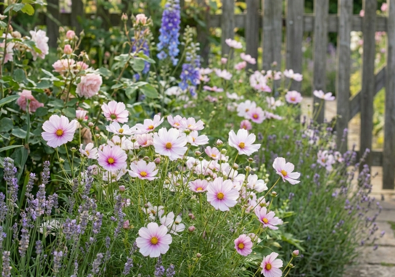 Garden with cosmos daydream flowers and lavender plants, wooden fence in the background