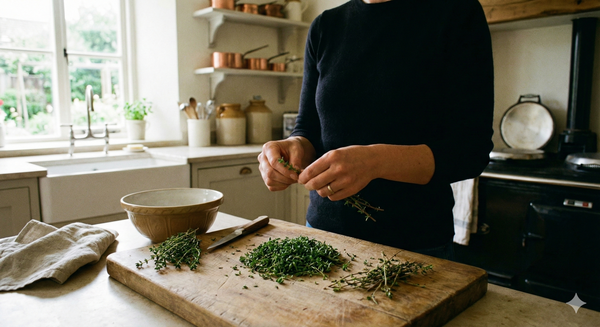 In a bright kitchen, a person in a dark sweater strips fresh Thyme Common from Bishy Barnabees Cottage Garden onto a wooden cutting board next to a knife and mixing bowl, with shelves and kitchen items visible in the background.