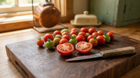 A Bishy Barnabees Cottage Garden Ltd Tomato Gardeners Delight cutting board holds several whole and one halved cherry tomato beside a knife on a sunlit kitchen counter near a window, set against soft natural light.