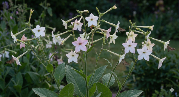 A cluster of delicate pink and white star-shaped flowers on long stems, surrounded by green leaves, captures the charm of Nicotiana Starlight Dancer seeds from Bishy Barnabees Cottage Garden Ltd and their subtle jasmine-like scent.