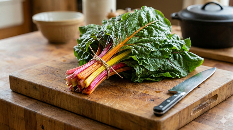 Chard Rainbow Mixed from Bishy Barnabees Cottage Garden Ltd, featuring vibrant, colorful stems, is tied in a bunch and set on a wooden cutting board beside a chef’s knife in a kitchen.