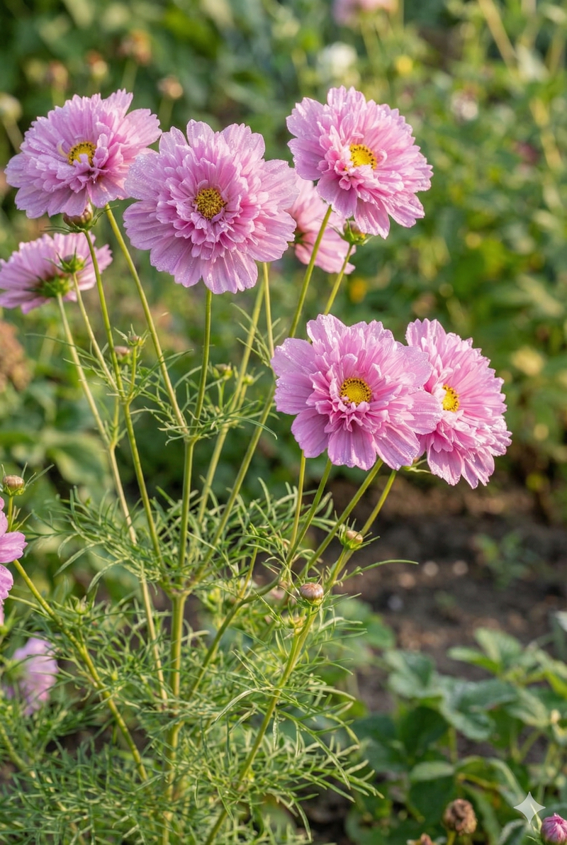 Cosmos Double Click Rose Bon Bon by Bishy Barnabees Cottage Garden Ltd features vintage rose-pink blooms with yellow centers on tall green stems, accented by feathery leaves and set against sunlit greenery and garden soil.