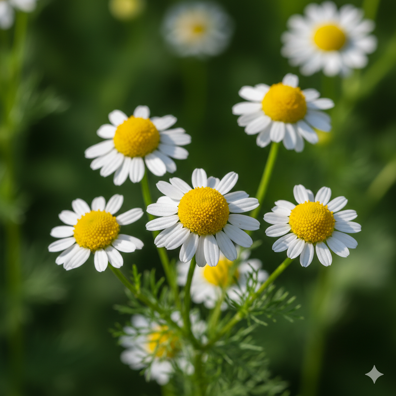 A cluster of Chamomile German flowers with white petals and yellow centers blooms against a green backdrop—ideal for anyone looking to grow herbal tea using seeds from Bishy Barnabees Cottage Garden Ltd.