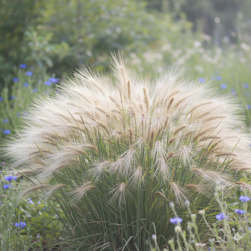 Foxtail Barley (Hordeum Jubatum) by Bishy Barnabees Cottage Garden Ltd features tall, feathery tan plumes set in a green meadow with small blue wildflowers and softly blurred background vegetation.