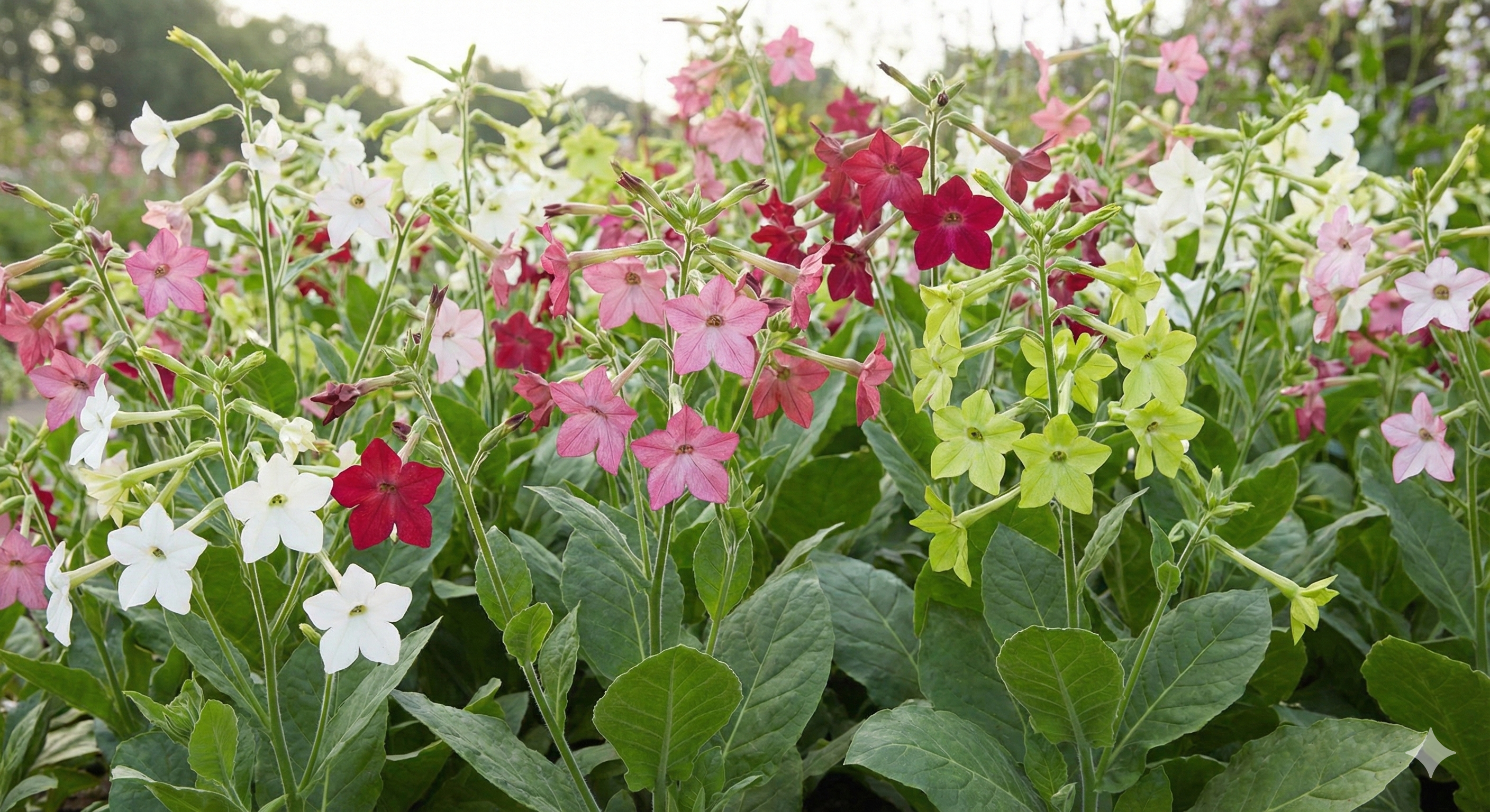 Create a vibrant garden bed with Nicotiana Sensation Mixed seeds by Bishy Barnabees Cottage Garden—enjoy fragrant star-shaped flowers in white, pink, red, and light green amid lush foliage, perfect for evening gardens.