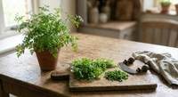 A Chervil Plain potted herb plant from Bishy Barnabees Cottage Garden Ltd sits on a rustic wooden table beside a cutting board with fresh chopped chervil, a herb chopper, and a cloth napkin in a sunlit kitchen.