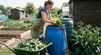 A woman in an apron stands by a blue barrel on her sunny allotment, adding Bishy Barnabees Cottage Garden Ltd's Comfrey from a wheelbarrow—likely making organic liquid fertilizer. Raised beds, green plants, and sheds are seen in the background.