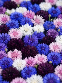 A vibrant close-up of Cornflower Polka Dot Mixed by Bishy Barnabees Cottage Garden Ltd displays dense clusters of blue, purple, pink, and white blooms—perfect for adding cottage garden charm with this dwarf seed mix.