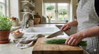 Wearing a checkered apron, a person slices fresh Chives from Bishy Barnabees Cottage Garden Ltd on a wooden cutting board in a bright kitchen with potted herbs, a window, and a bowl of eggs nearby.
