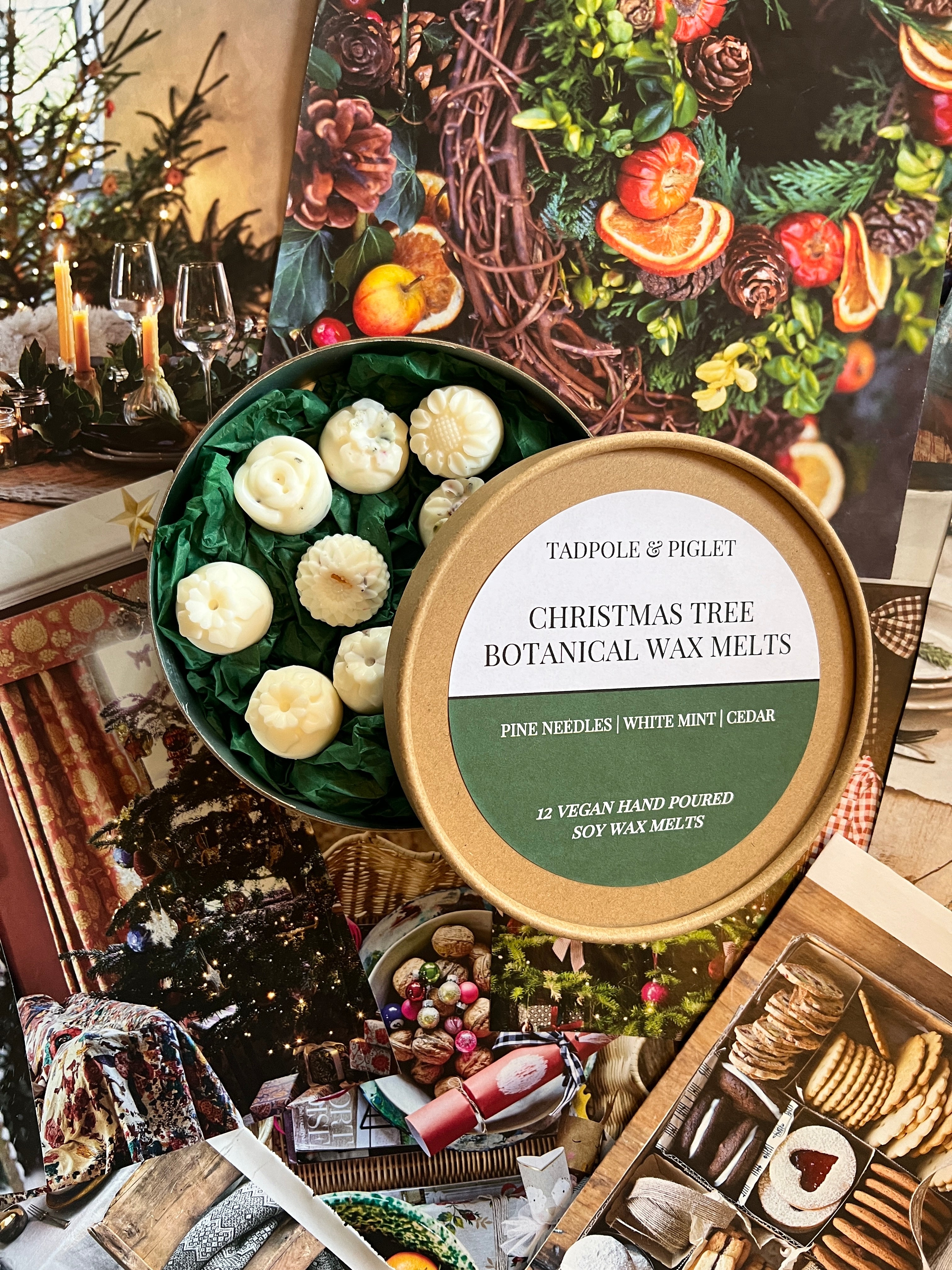 Christmas Tree Botanical Wax Melts with pine, eucalyptus, and sandalwood scents in a decorative tin.