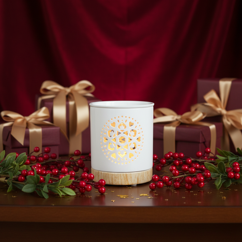 The Tadpole & Piglet White Mandala Cut Out Wax Burner glows on a wooden table amid red berries, green leaves, and burgundy gift boxes with gold ribbons, set against a backdrop of red velvet curtain.
