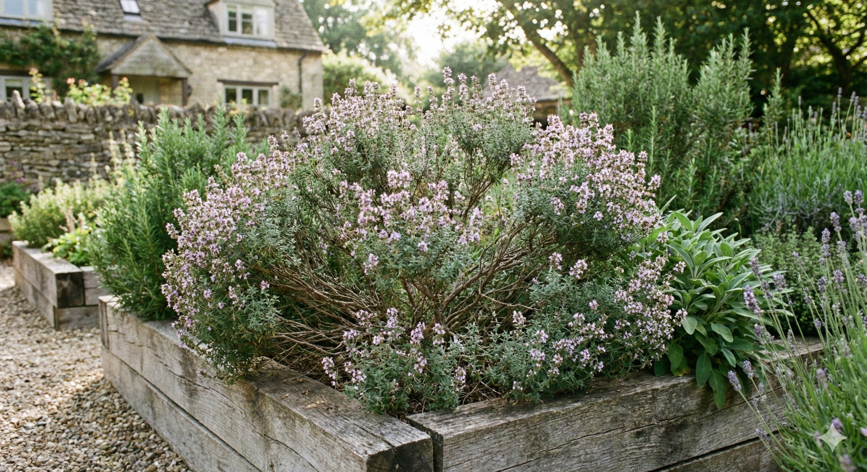Herb garden with blooming Thyme plants in a wooden planter in a garden setting.