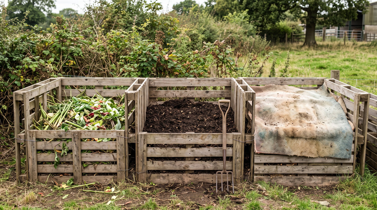A three-bay wooden compost bin system in a garden, one bay filling with fresh green waste and the others rotting down to dark crumbly compost