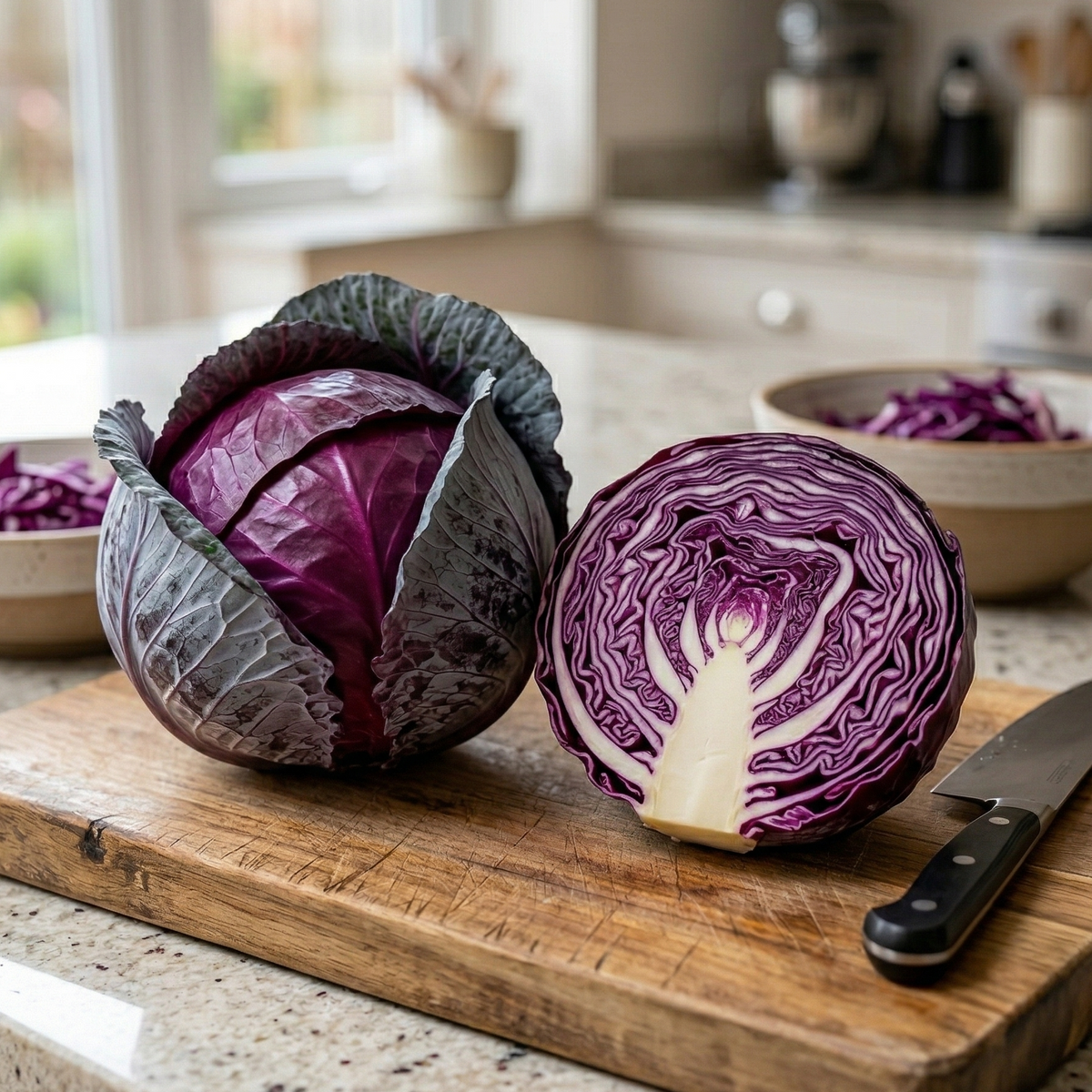 Cabbage Red Drumhead — a large, dense, tightly wrapped round head of deep purple-crimson leaves that have intensified to near-violet after autumn frosts, sitting in a kitchen garden