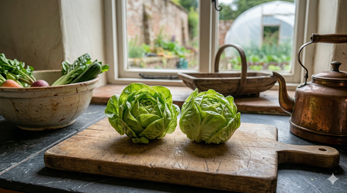 Lettuce Tom Thumb -- Victorian heirloom 1858 miniature butterhead forming perfect tennis-ball-sized single-serve heads with creamy yellow-white hearts