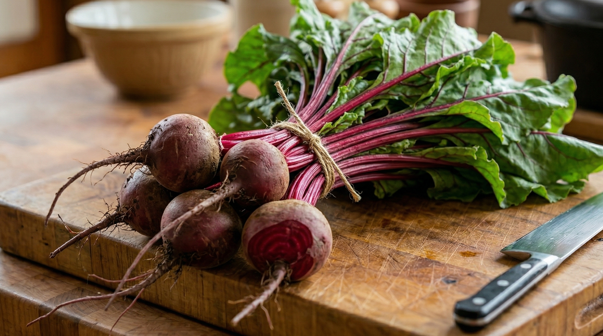 Beetroot Boltardy — beautifully uniform deep ruby-red globe roots freshly pulled from the soil, showing smooth skins and rich dark flesh