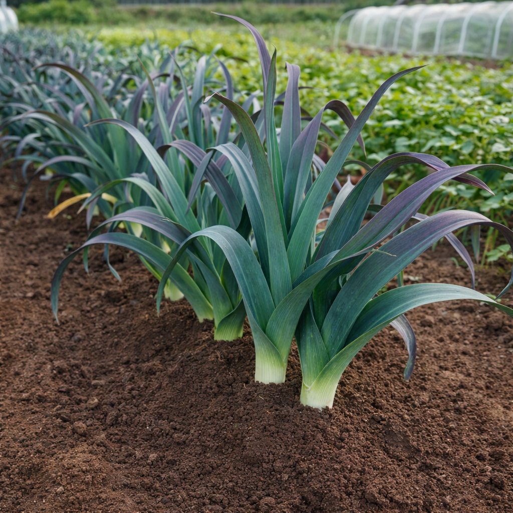Leek Blue Solaise -- deep blue-green leaves turning vivid blue-violet in cold weather, the 19th-century French heritage winter leek for the hungry gap harvest