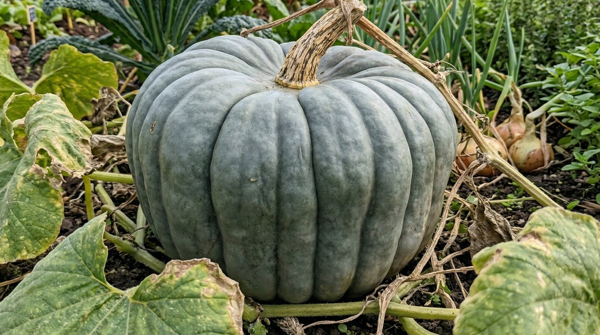 Cucurbita maxima Queensland Blue -- Australian heritage pumpkin with ribbed slate-blue skin, dense orange flesh, stores 6 months, sweetens during storage