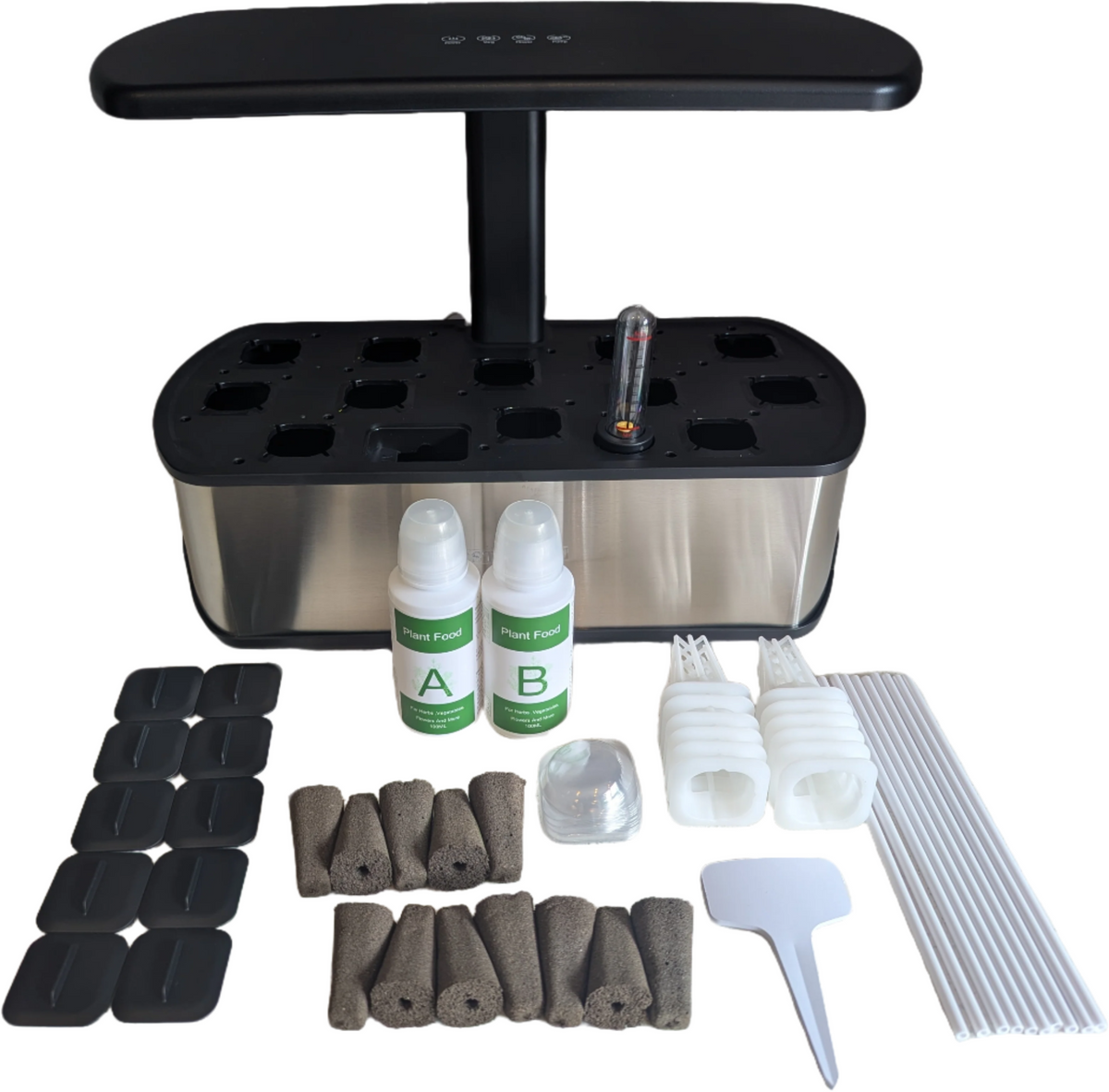 12 pod smart garden kit contents – unit, nutrient bottles, grow sponges, pod lids and labels