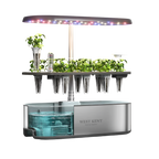 Cutaway of the 12 pod smart garden showing seedlings, water tank and LED light
