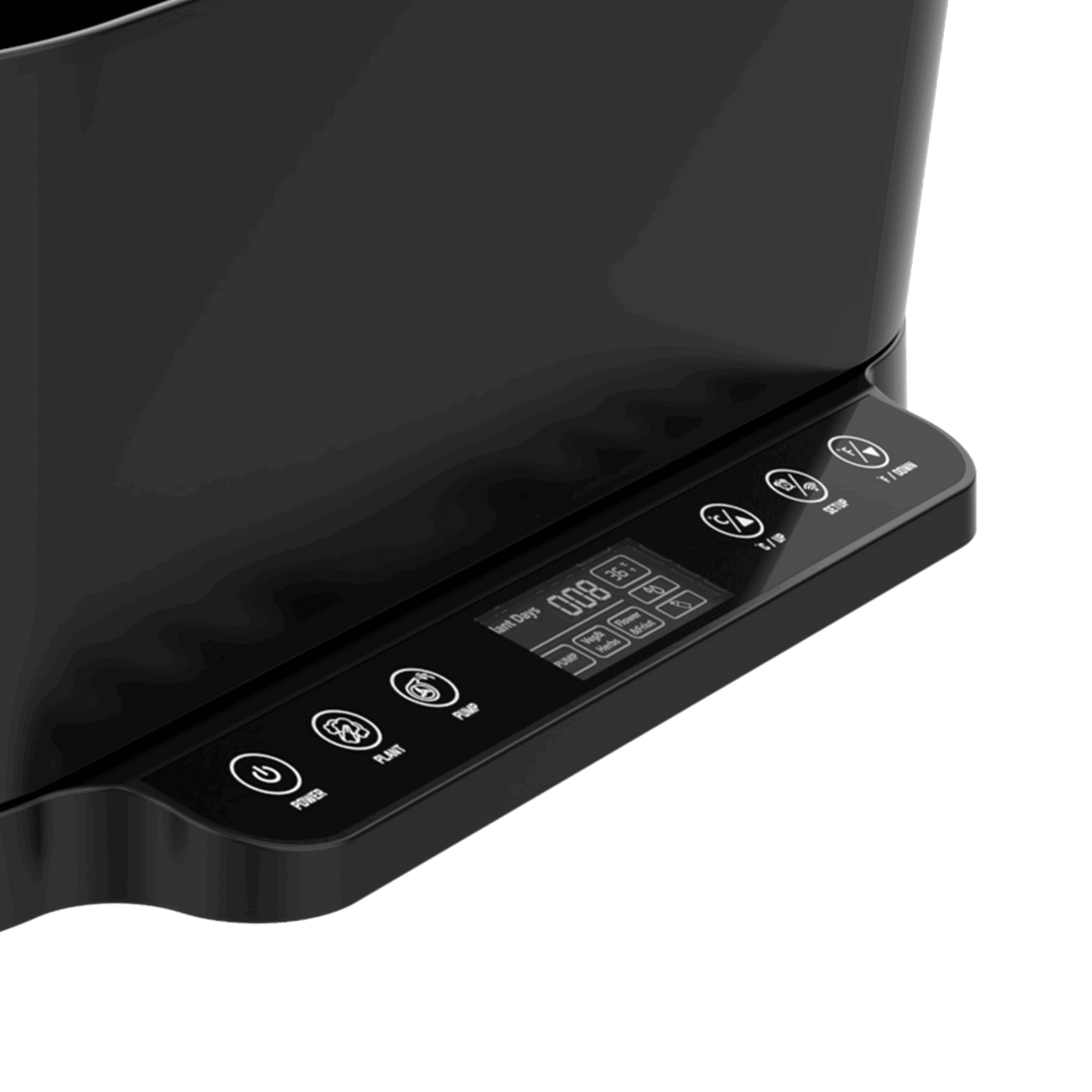Close-up of the touch control panel on the black 15 pod smart garden