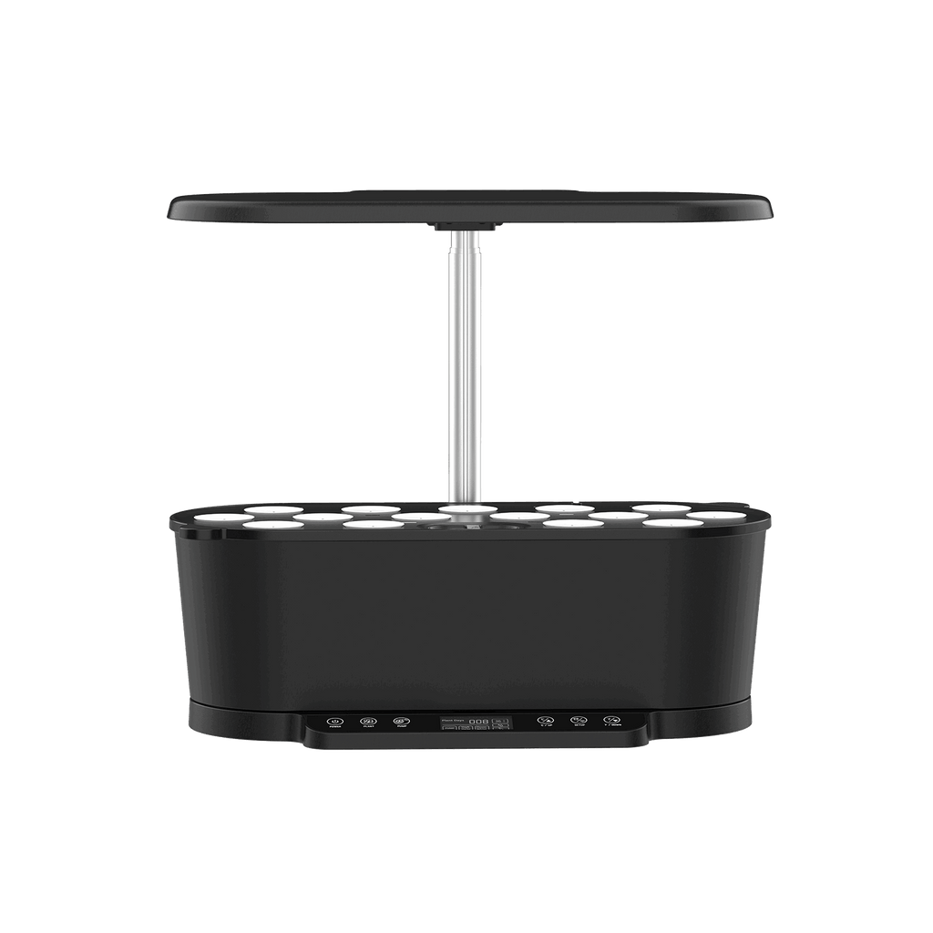 Front view of the black 15 pod smart garden with empty pods, lamp raised
