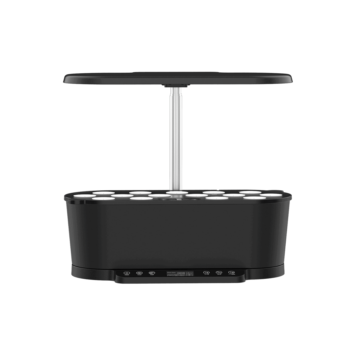 Front view of the black 15 pod smart garden with empty pods, lamp raised