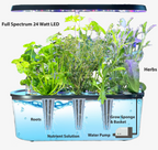 Diagram of the 15 pod hydroponic system showing LED, herbs, grow sponges, roots, nutrient solution and pump