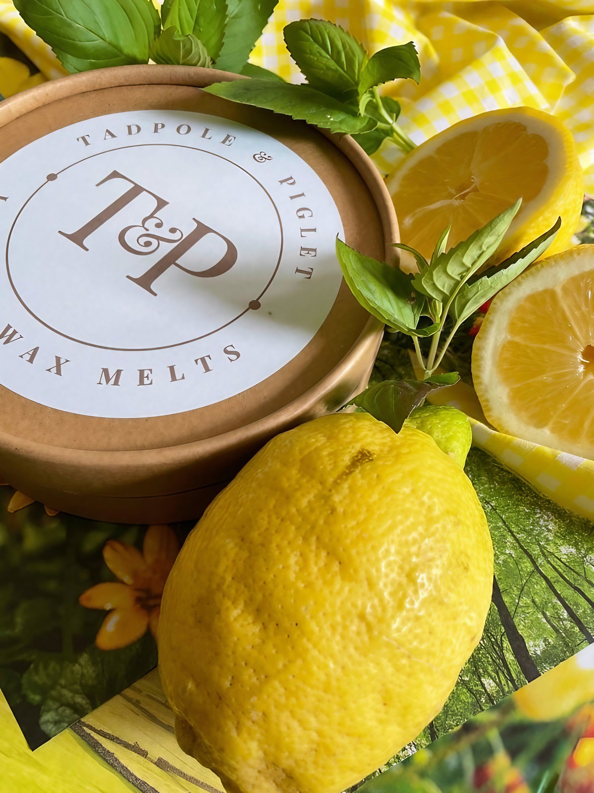 Tadpole and Piglet wax melts with fresh lemons and mint leaves on a vibrant yellow backdrop.