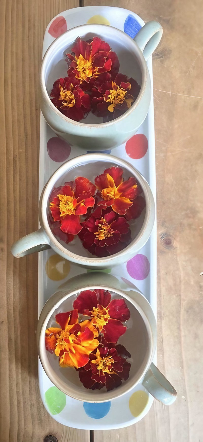 Assorted French Marigold Red Cherry flowers arranged in three bowls