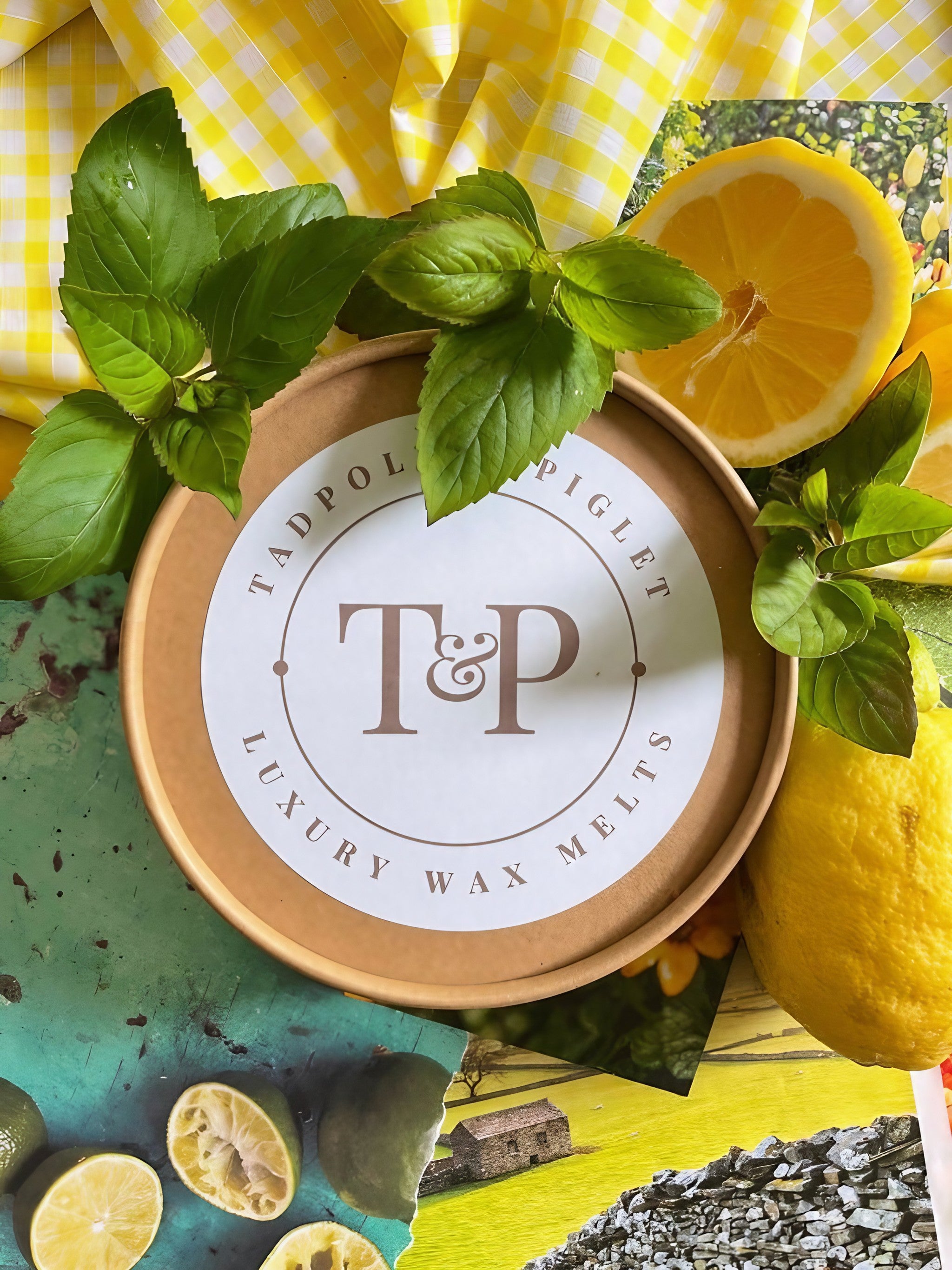 Tadpole &amp; Piglet luxury wax melts with fresh mint and lemon on a vibrant yellow background.