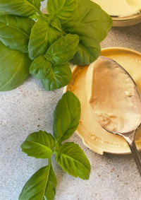 Bishy Barnabees Cottage Garden Ltd's Basil Thai Large Leaf is placed next to a small beige plate with a spoon of creamy sauce, all set against a light textured background.
