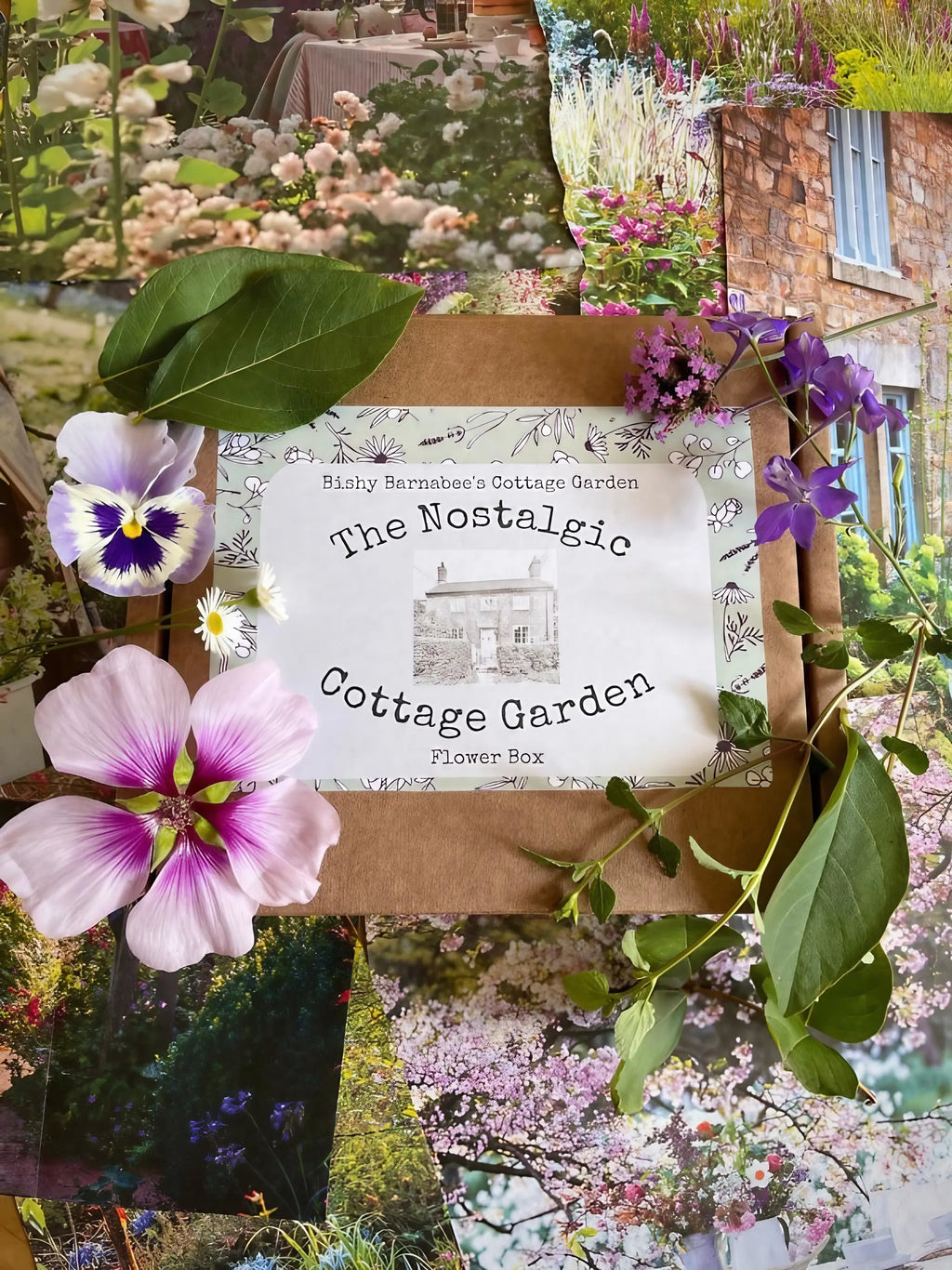 The Nostalgic Cottage Garden Flower Box - 12 Packs by Bishy Barnabees Cottage Garden features heritage seeds and assorted fresh blooms, beautifully arranged atop vibrant cottage garden photos for a bright, rustic display.