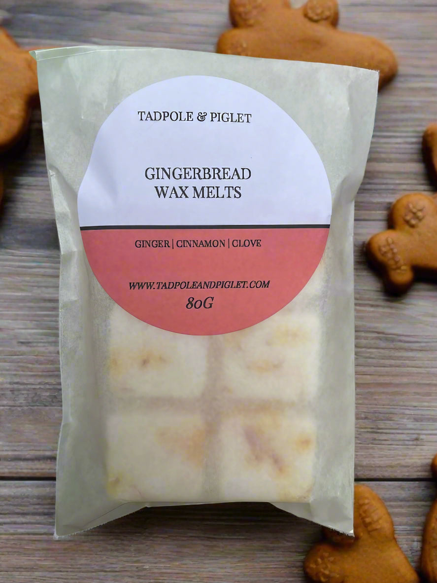 Gingerbread wax melt bar packaging featuring ginger, cinnamon, and clove scents, 80g from Tadpole &amp; Piglet.