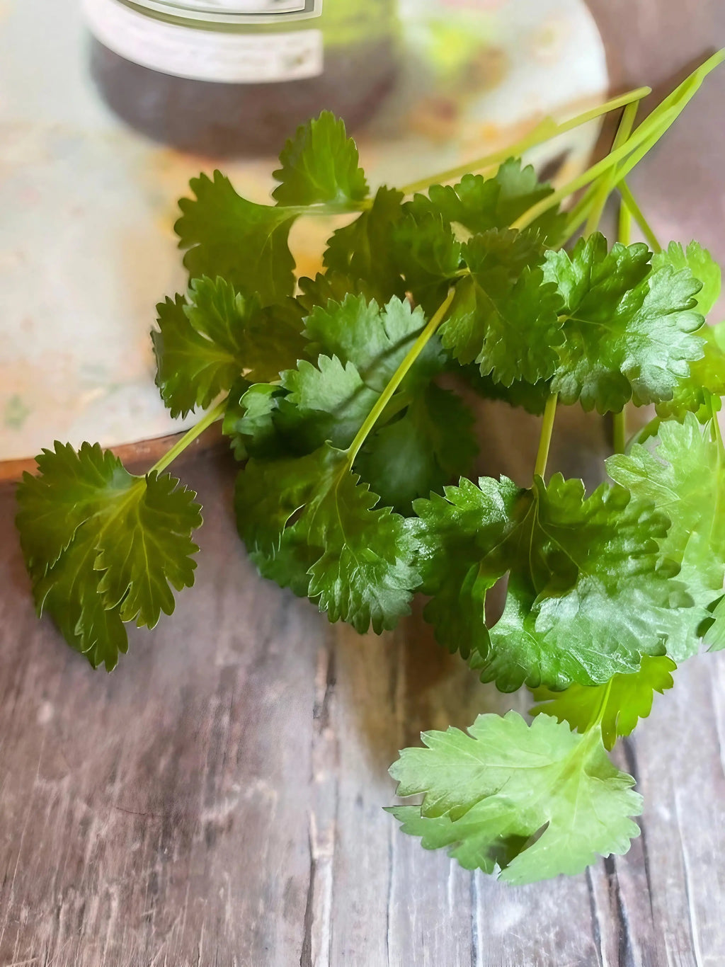 A small bunch of Coriander from Bishy Barnabees Cottage Garden Ltd, with fresh leaves and stems, sits on a rustic wooden surface next to a round, light-colored board.