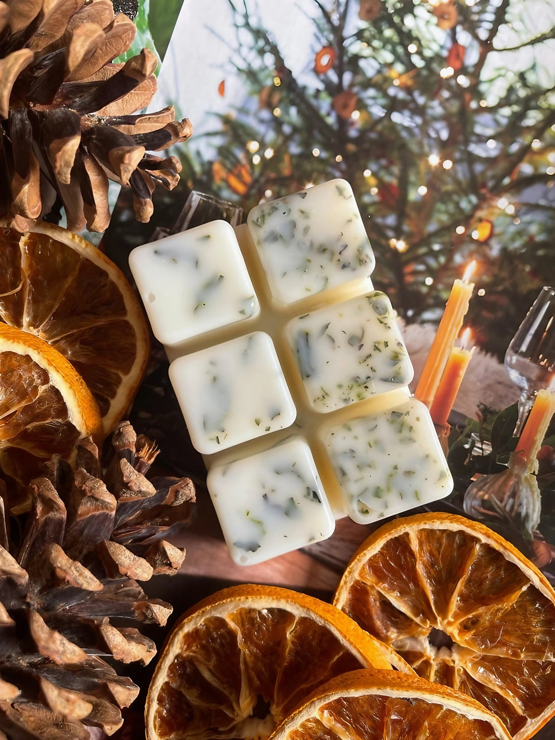 Christmas Tree Wax Melt Bar with festive decorations on a table