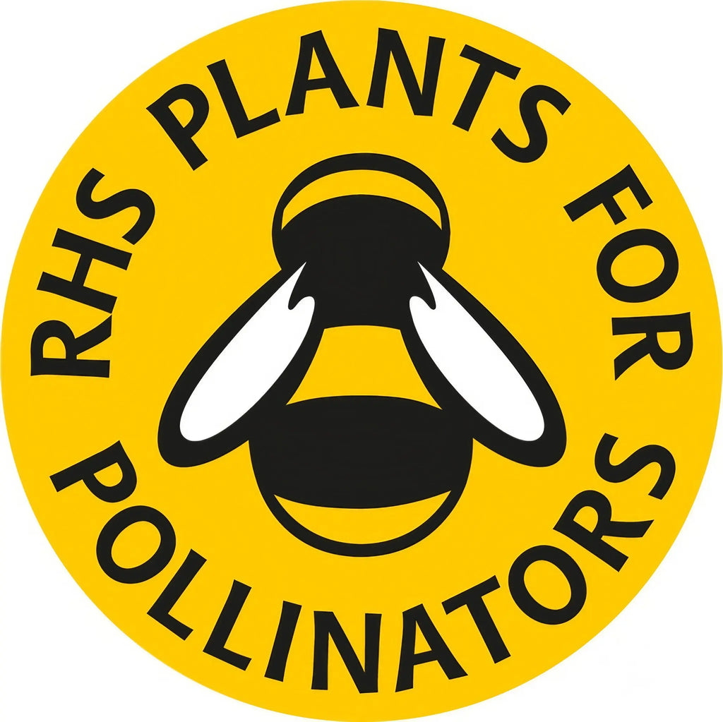 A yellow circular badge featuring a black and white bee and the words RHS PLANTS FOR POLLINATORS—ideal for fans of woodland gardens or those growing Foxglove Bishy Barnabee Mix from Bishy Barnabees Cottage Garden.