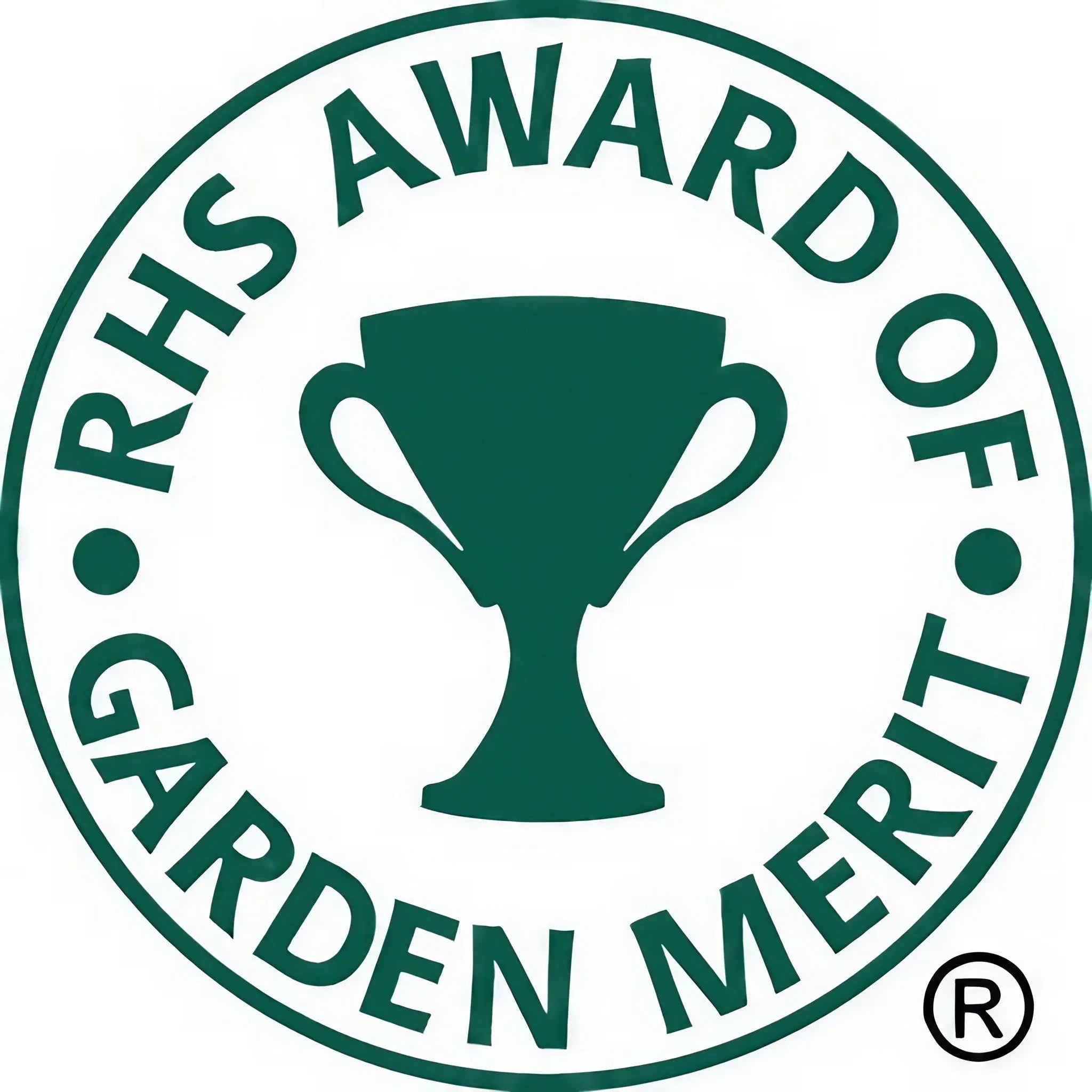 Green and white circular logo with a trophy center, reading RHS Award of Garden Merit®, awarded to hardy perennials such as Echinops ritro Veitch&