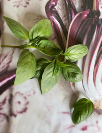 A cluster of fresh Basil Thai Siam Queen leaves from Bishy Barnabees Cottage Garden Ltd sits on a surface with a purple and white floral background, accented by a single nearby leaf and softened by gentle rounded edges.