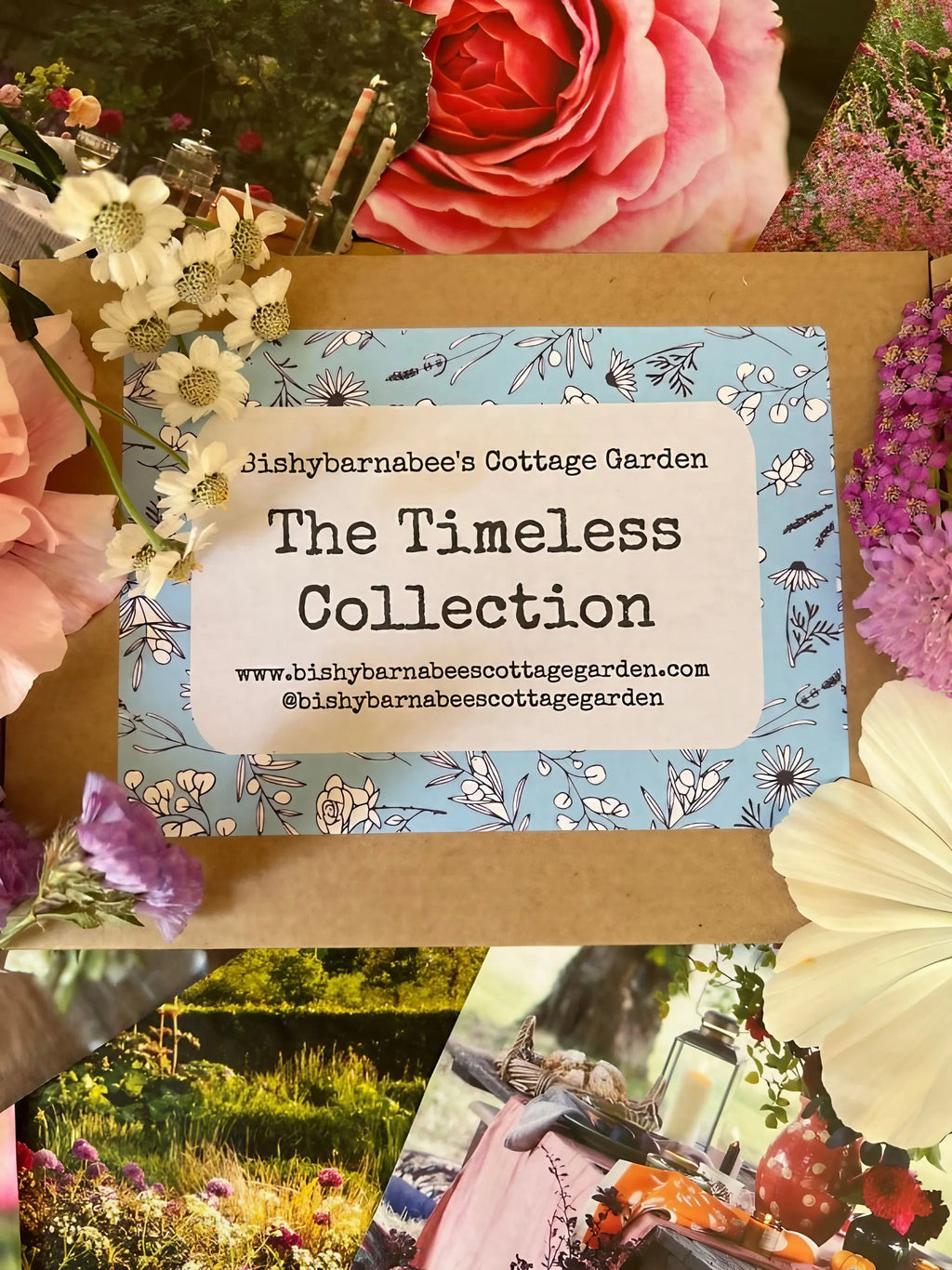 The Timeless Collection by Bishy Barnabees Cottage Garden features heirloom flower seeds and vibrant garden-themed images, creating a colorful display inspired by an English cottage garden.