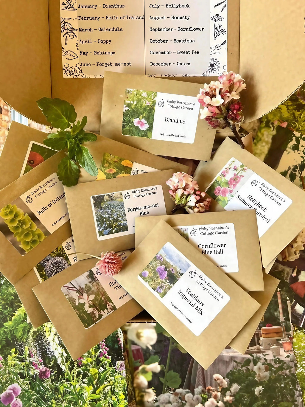 The “A Year in a Cottage Garden - Flower Box (12 Packs)” by Bishy Barnabees Cottage Garden Ltd features 12 brown seed packets, each labeled with flower names and images—ideal for a charming cottage garden or as a thoughtful gardening gift.