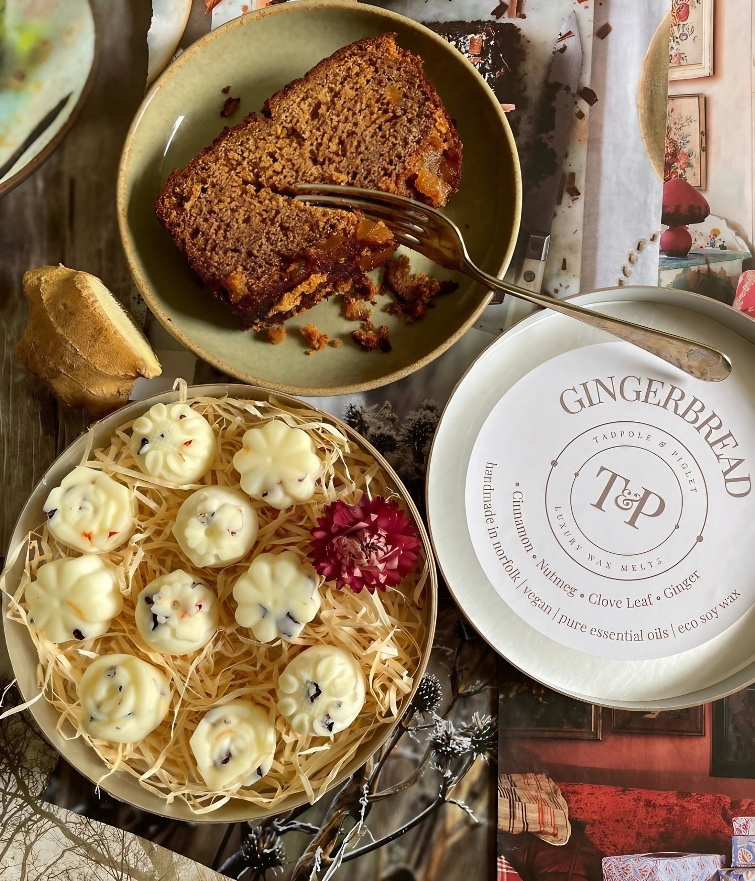 Gingerbread wax melts with cake on a cozy table, evoking warm, festive baking scents.