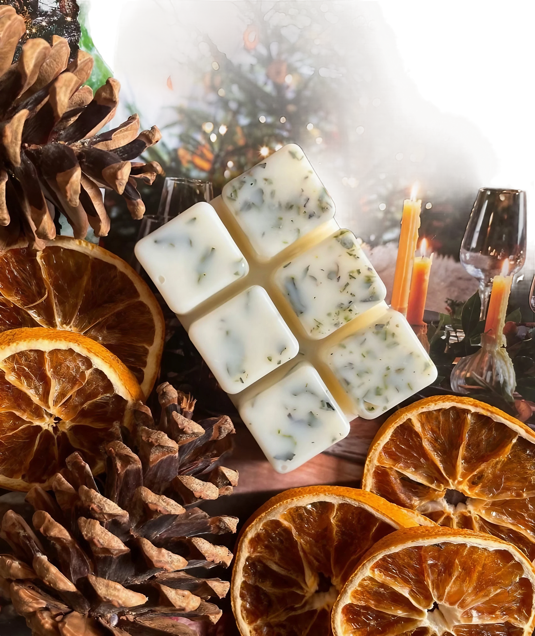 Scented Christmas Tree Wax Melt Bar displayed with holiday ornaments