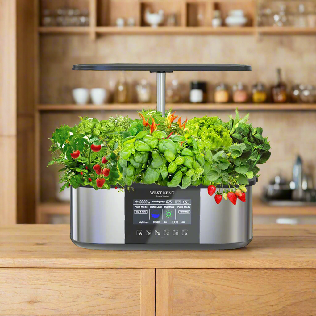 21 pod smart garden deluxe full of herbs and chillies on a wooden kitchen worktop