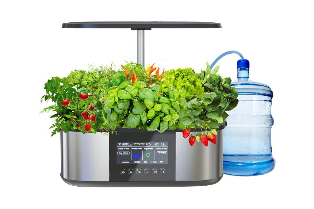 21 pod smart garden deluxe connected to an external blue water bottle
