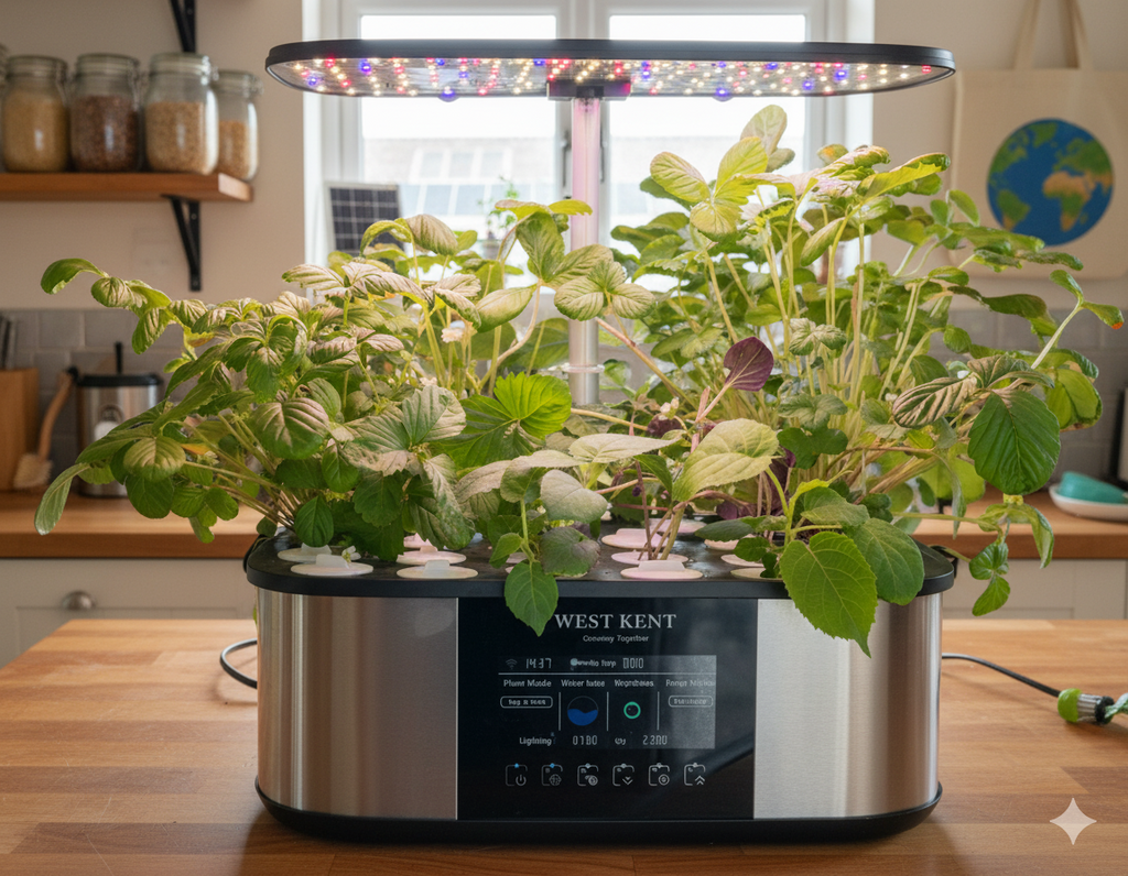 21 pod smart garden deluxe with leafy greens on a wooden kitchen table